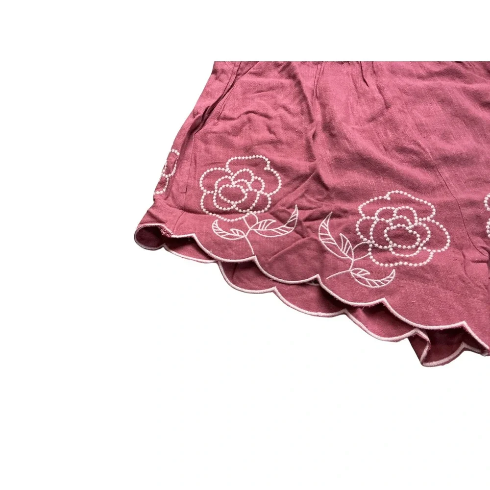 Dusty Rose Floral Embroidered Scalloped Hem Linen Blend Shorts Womens XL - Picture 4 of 15